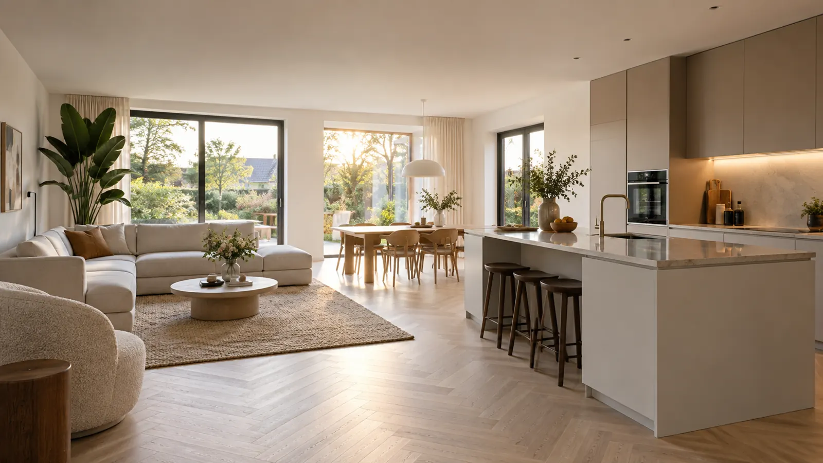 Lichte open woonkeuken met strakke afwerking als sfeerimpressie