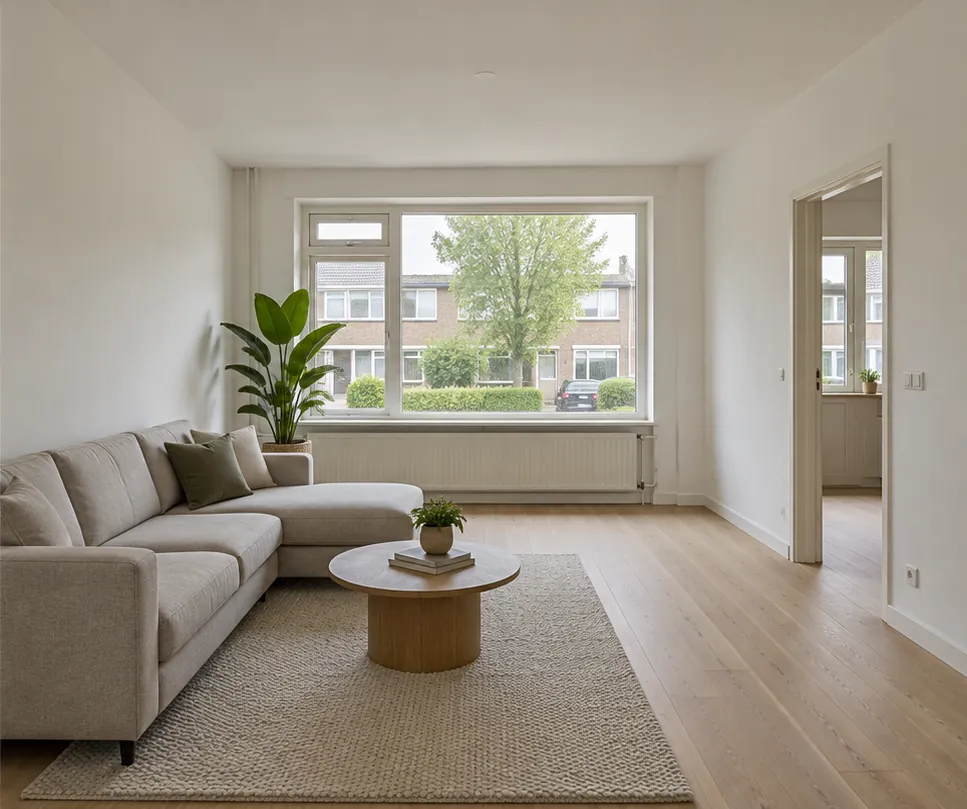 Afgewerkte woonkamer met strakke wanden als sfeerimpressie