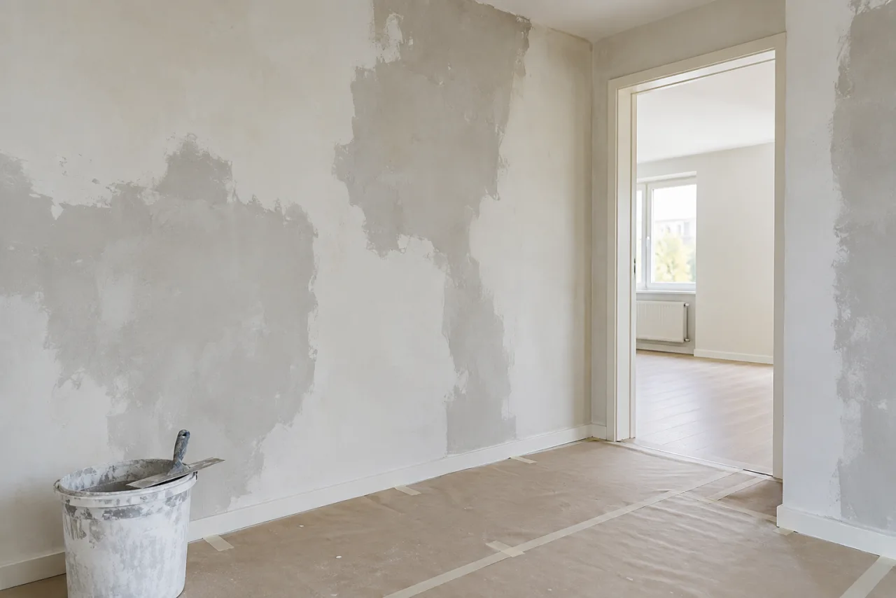 Lichte bestaande ruimte tijdens interieurafbouw met beschermde vloer en plaatselijk onafgewerkte pleisterwand als sfeerimpressie