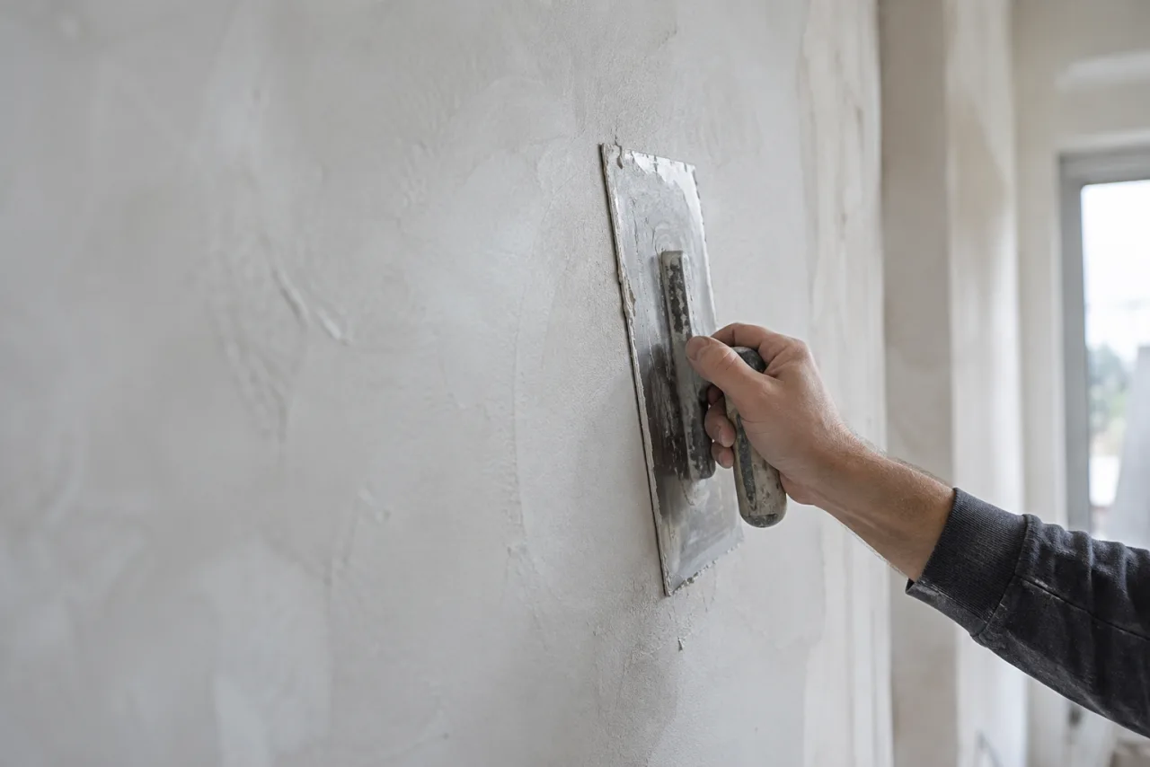 Hand met vlakspaan bij een lichte pleisterwand als sfeerimpressie